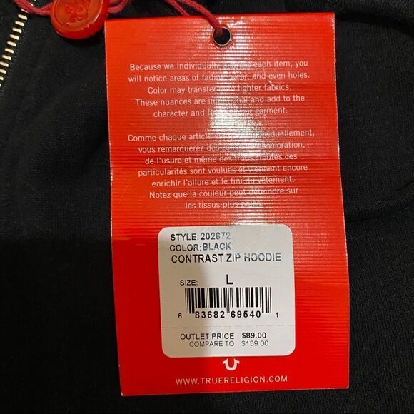 NWT True Religion Zipup sweater size large - Picture 3 of 5